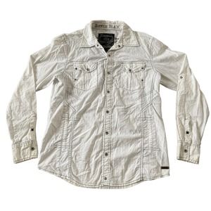 Buckle Black Label Mens Medium White Long Sleeve Snap Button Shirt Embroidered